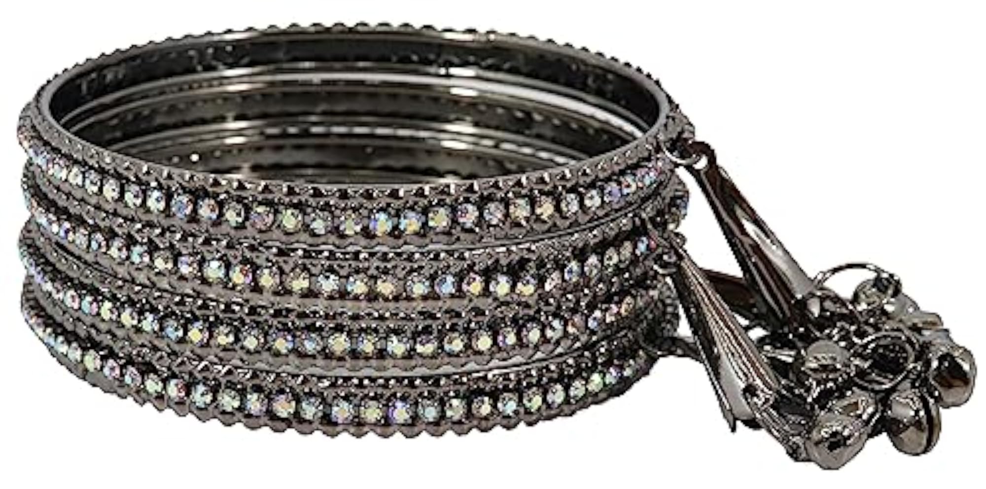 Alloy Metal Bangles Set With Zircon Gemstone and Bells Latkan, Pack Of 4